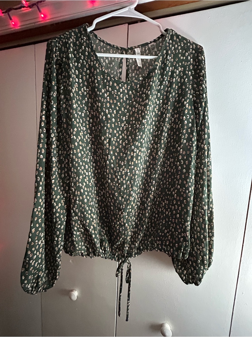 Womens Olive Green Long-Sleeve Drawstring Hem Blouse